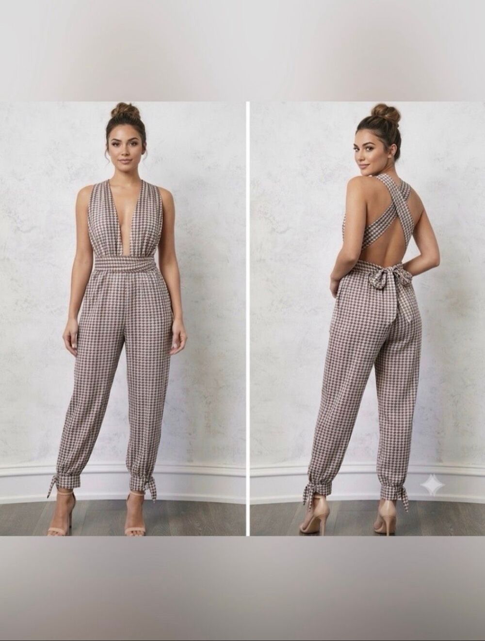 Agua Bendita Josie Houndstooth Print Jumpsuit M